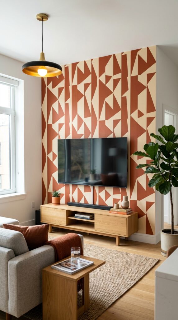 peel and stick geometric wallpaper TV accent wall