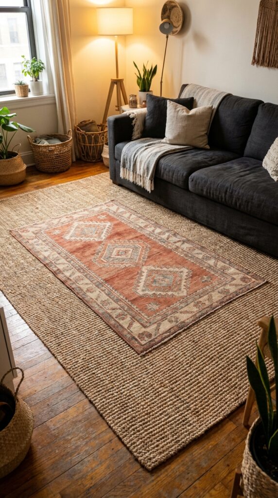 layered rugs boho living room apartment with jute base rug and moroccan pattern rug on top
