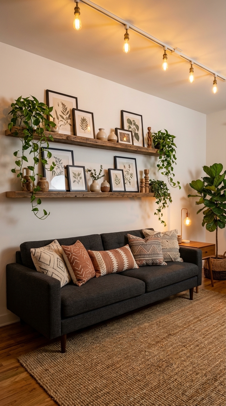 cozy boho living room with floating wood shelves above sofa styled with plants and art prints