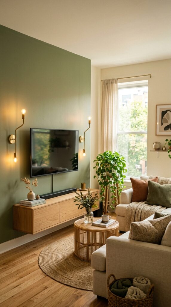 sage green painted TV accent wall living room