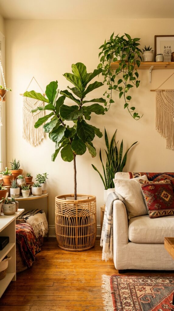 boho apartment living room corner with fiddle leaf fig trailing pothos and rattan plant pots
