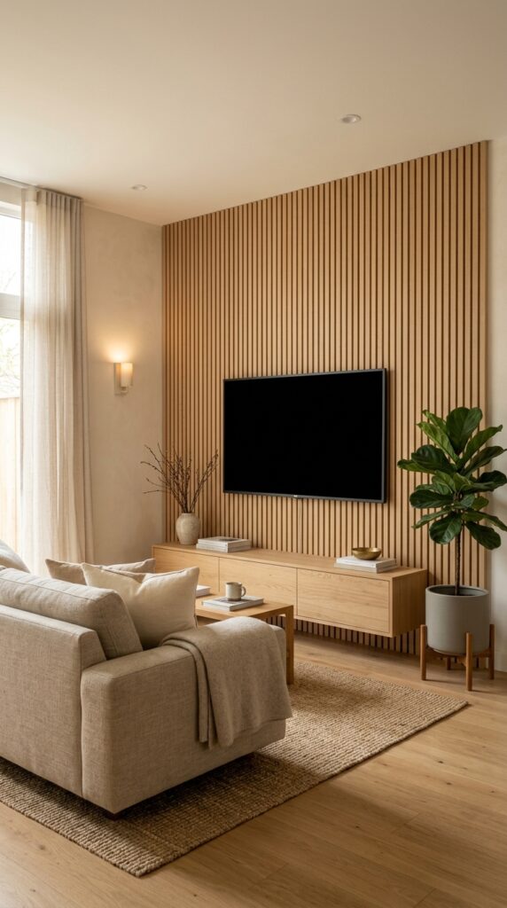 japandi wood slat panel TV wall minimalist