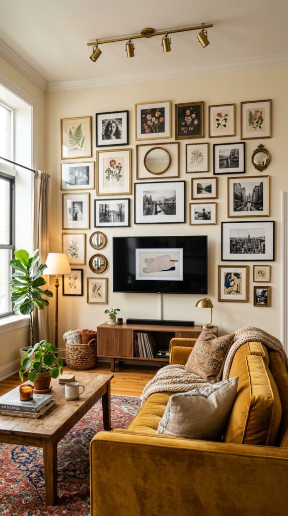 gallery wall around TV living room ideas