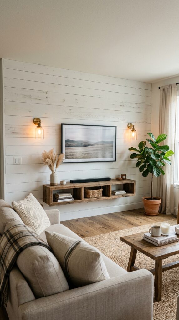 white shiplap farmhouse TV wall ideas apartment
