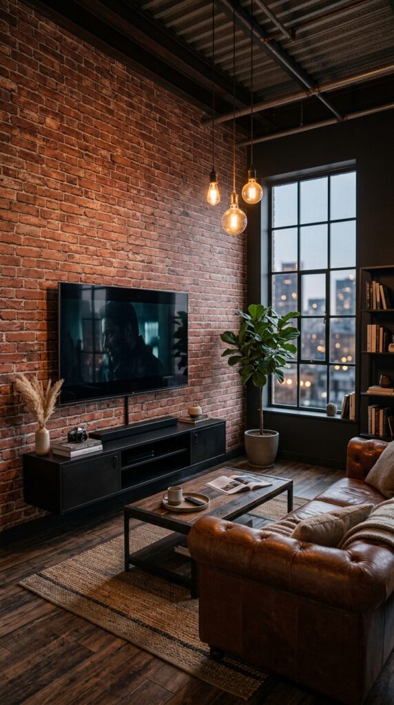 exposed brick effect wallpaper TV wall apartment
