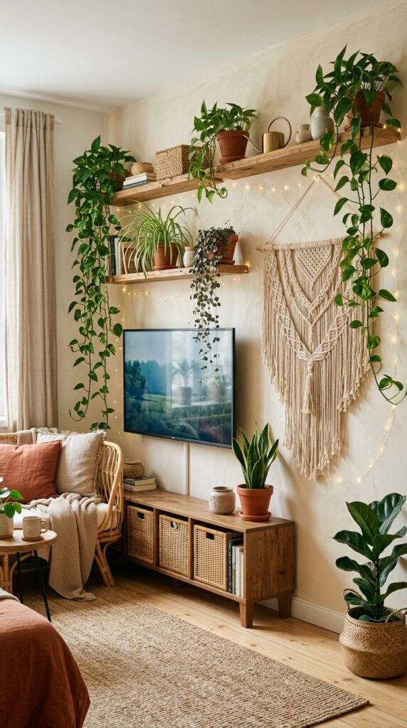 boho macrame plants TV wall apartment ideas