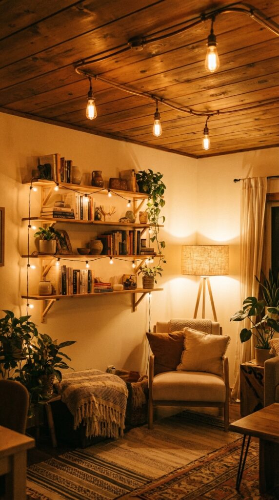 warm edison bulb lighting in cozy boho apartment living room with string lights and floor lamp
