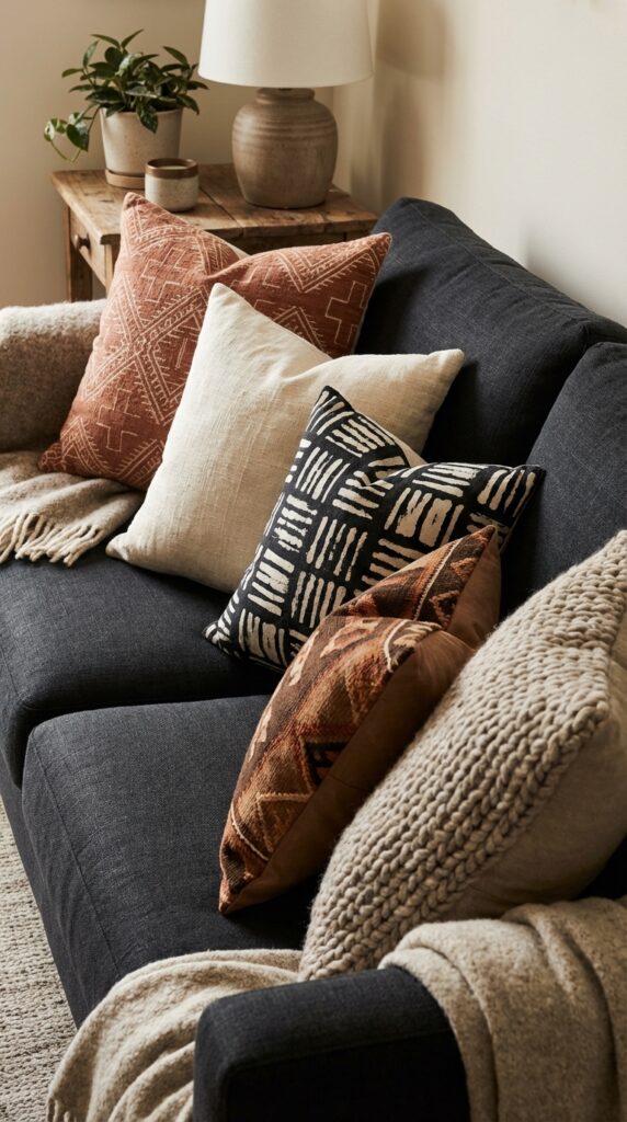 boho throw cushions on dark sofa with terracotta geometric and kilim patterns mixed together
