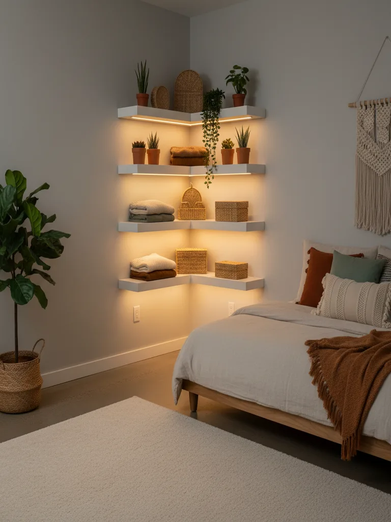 Corner closet bedroom with floating shelves and soft LED lighting creates warm storage display