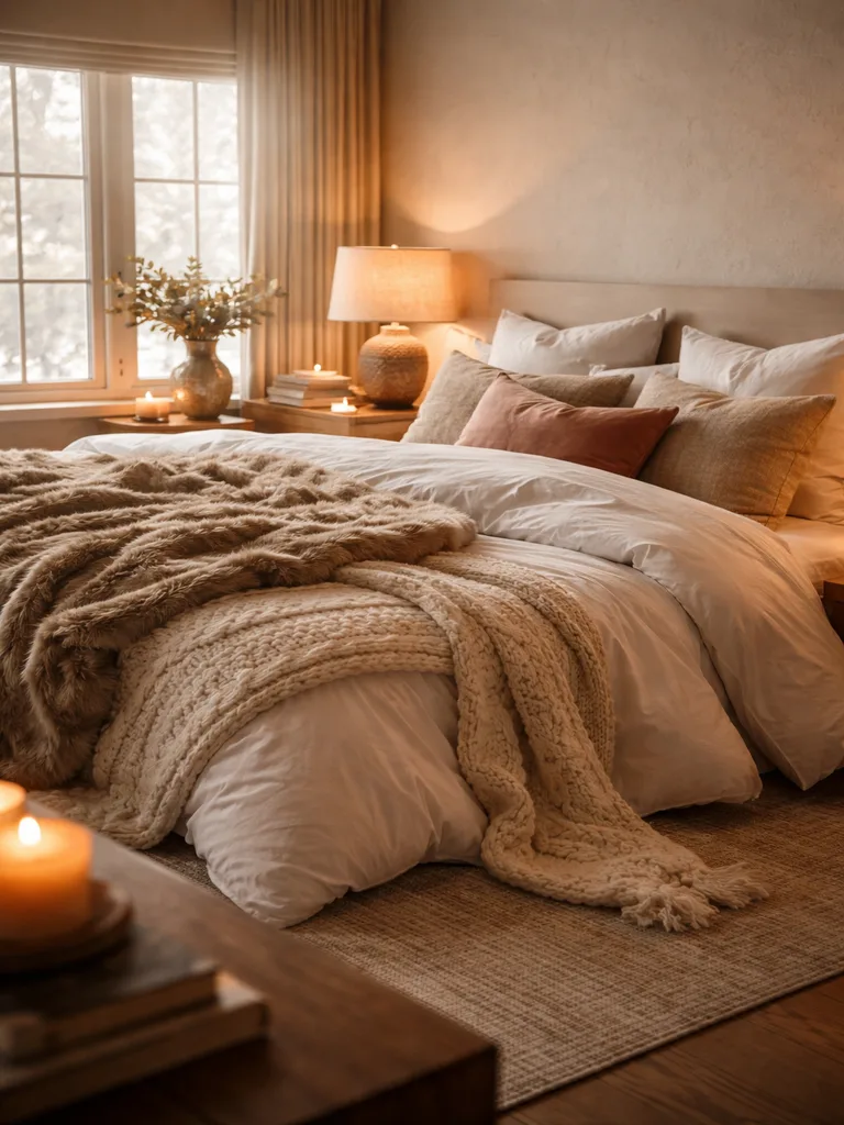 A cozy winter bedroom with layered bedding, fluffy pillows, and soft throws creating a warm, inviting sanctuary.