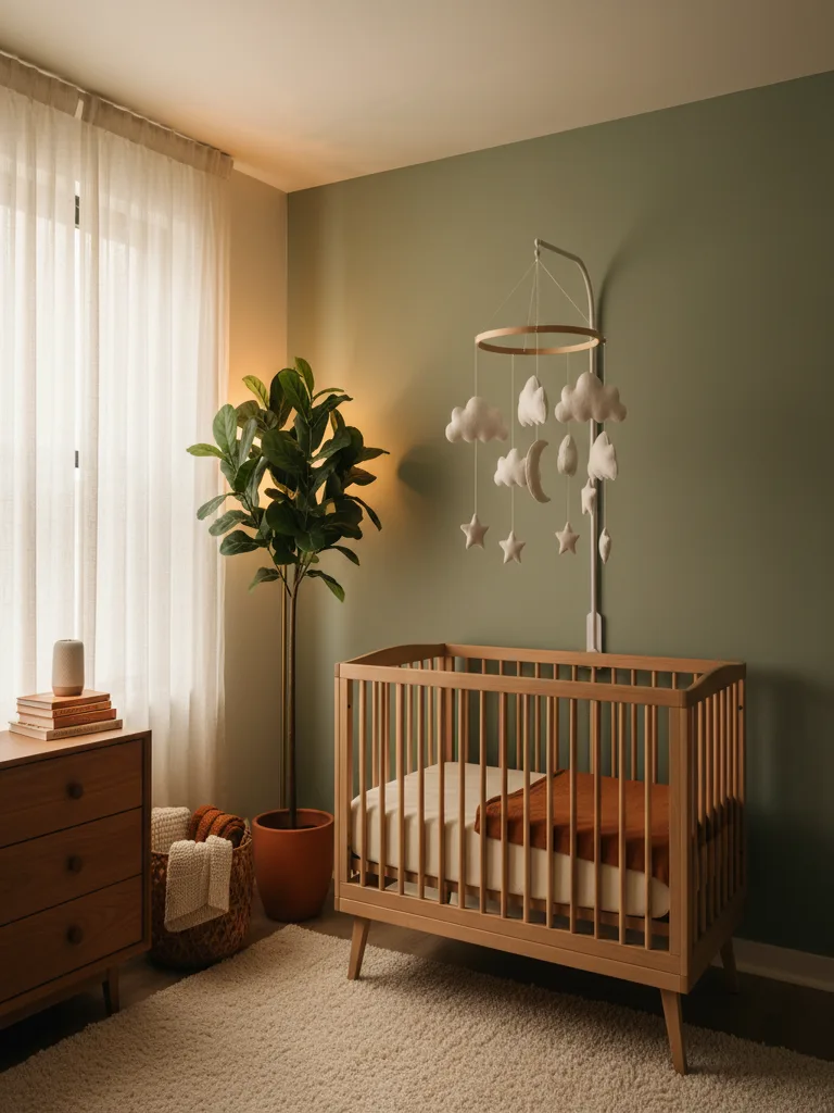 Whimsical cloud mobile hanging above crib in cozy nursery with soft blue walls and white curtains
