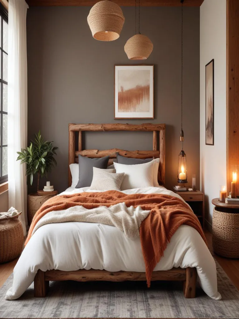 Rustic cabin bedroom featuring a grand log bed with wooden headboard and natural bedding