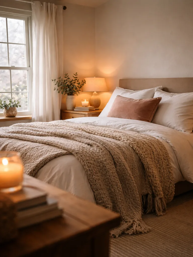 Plush layers of soft bedding and cushions create a cozy small bedroom hygge retreat