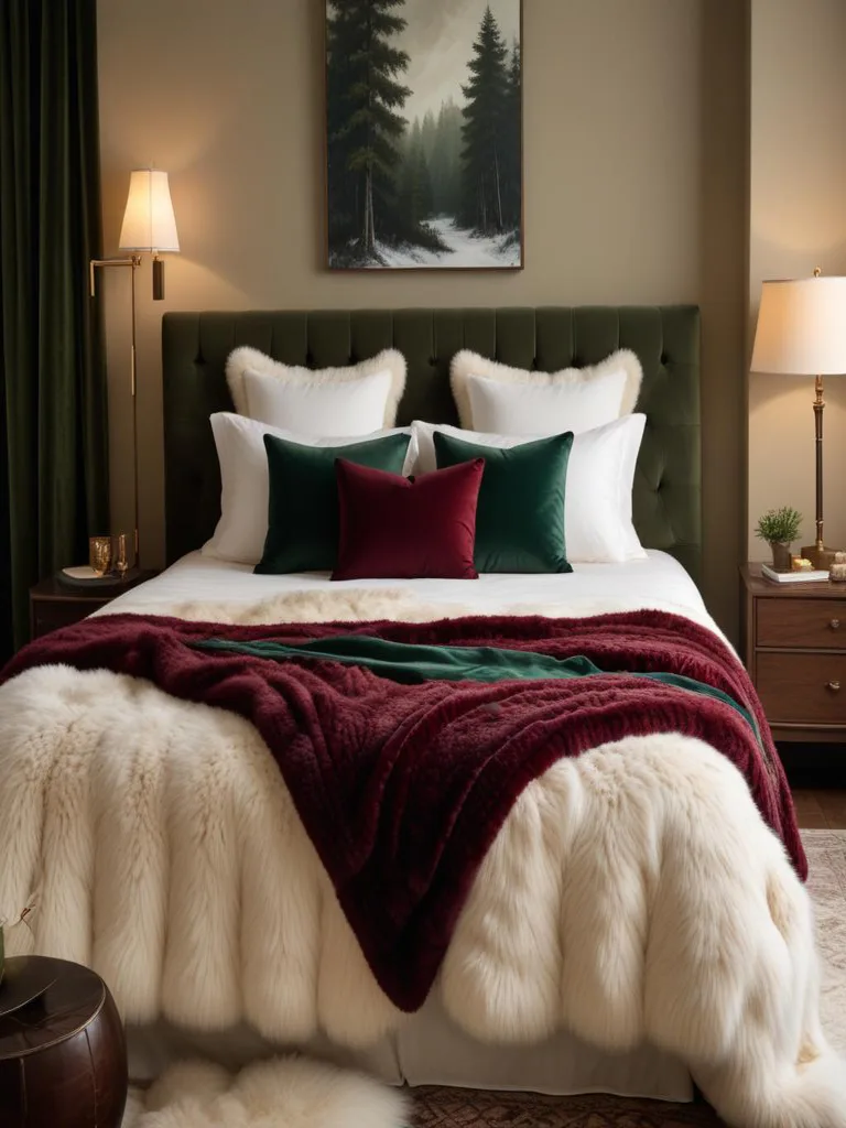 Plush throw blankets and fluffy pillows create a cozy winter bedroom retreat with warm textures