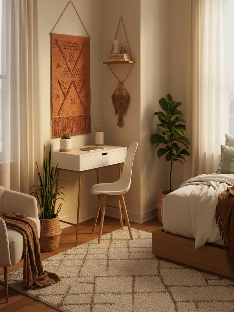 Compact corner desk setup with floating shelves and ergonomic chair in bedroom workspace