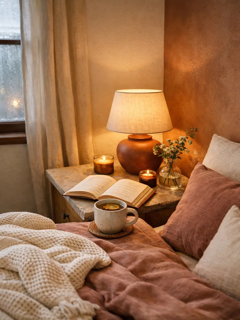A cozy winter bedroom with a warm bedside nook featuring a plush armchair, soft throw blanket, and glowing lamp beside the...