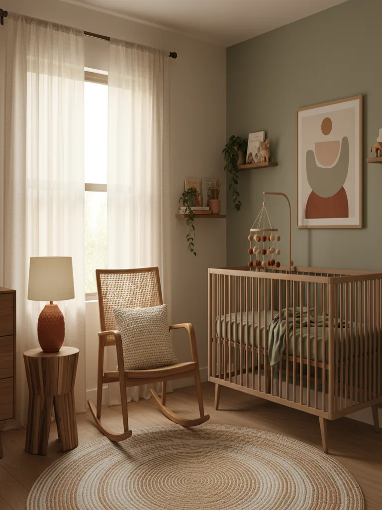 Rocking chair with soft throw pillow in cozy nursery corner