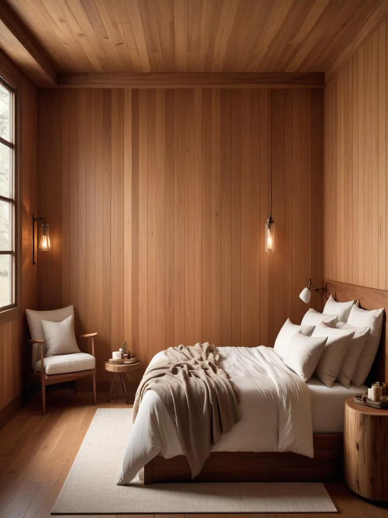 Rustic cabin bedroom with classic wood paneling creating a warm, inviting atmosphere perfect for a cozy retreat