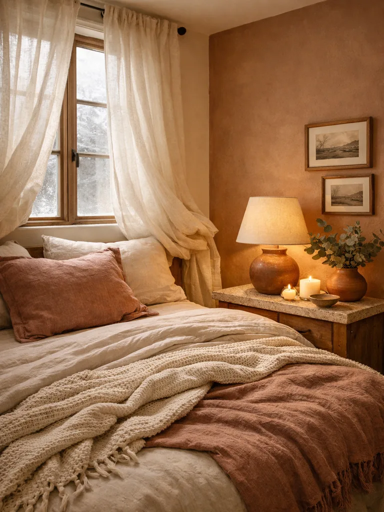 Sheer white curtains softly drape a small bedroom window, creating a hygge atmosphere with natural light.