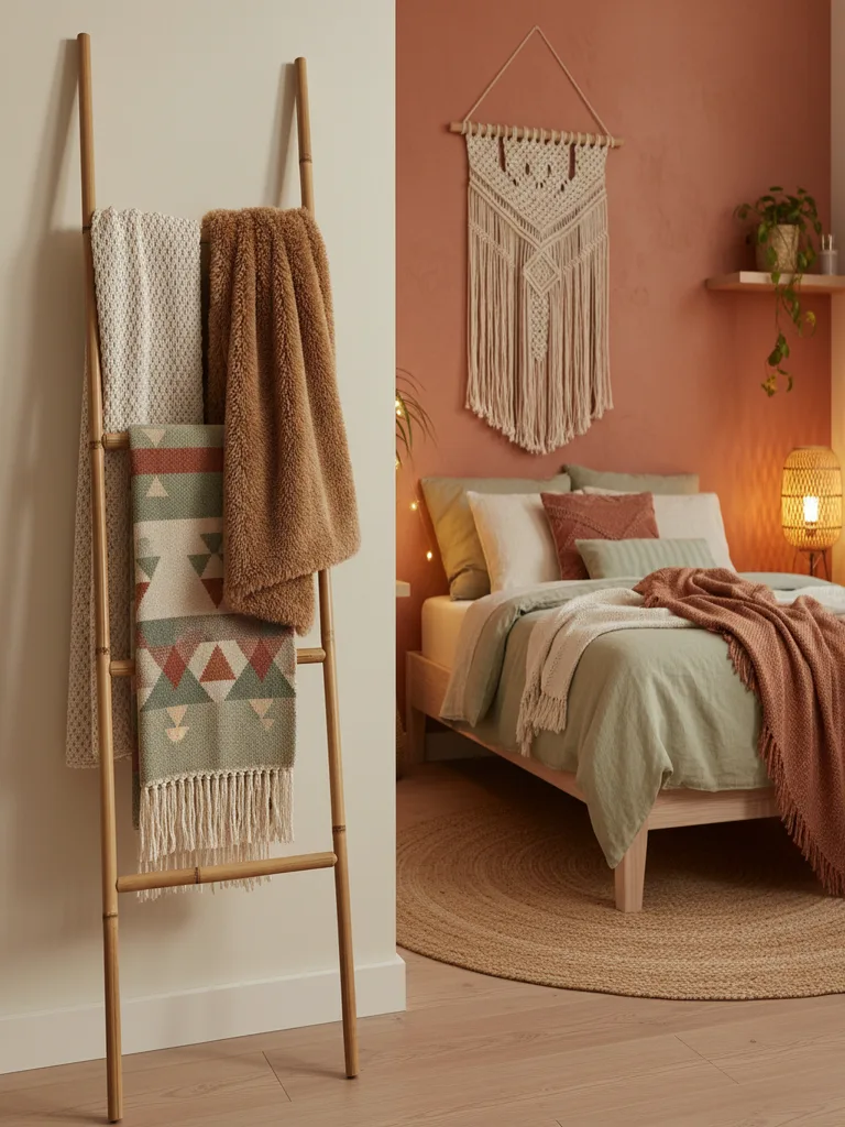 Bedroom corner closet with textured throw blanket draped over a chair