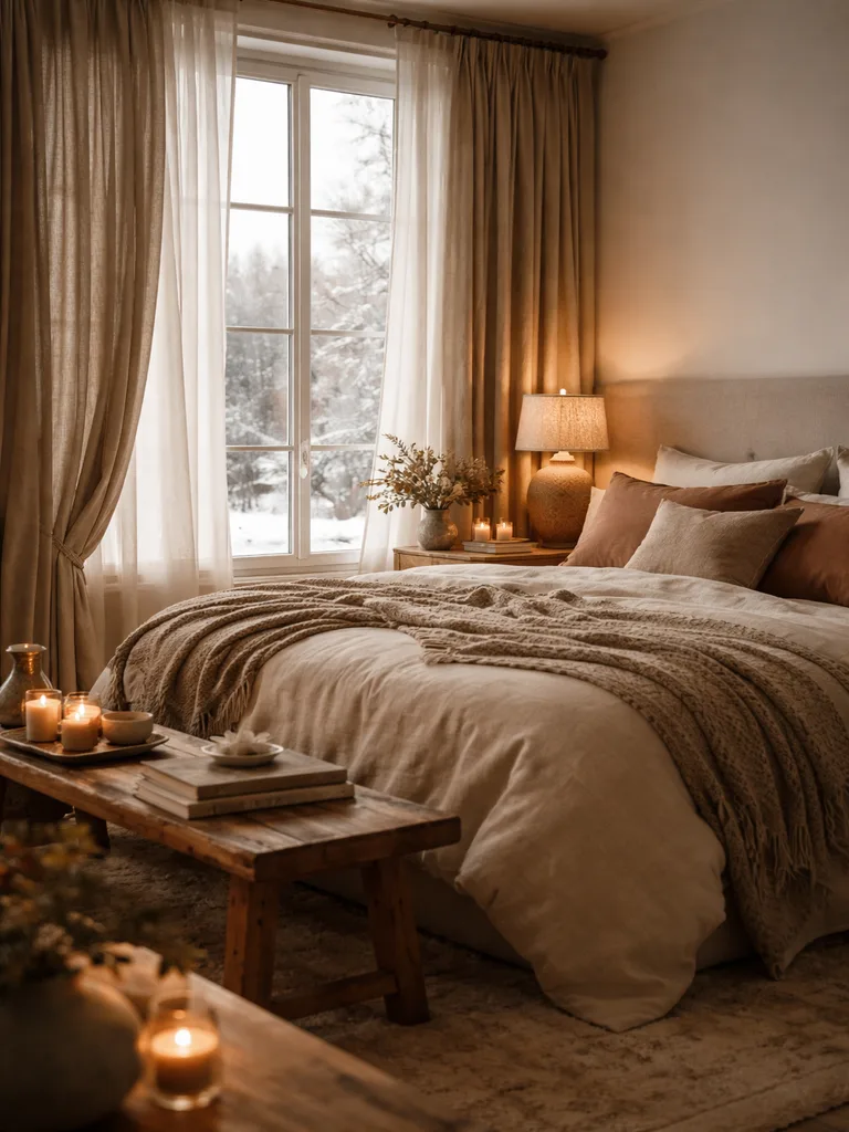 Soft, insulating curtains in a cozy winter bedroom with plush bedding and warm lighting
