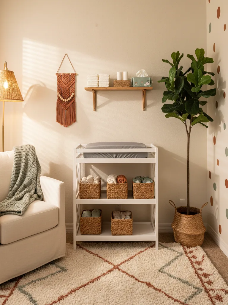 White changing table with wicker baskets and potted plants in nursery corner