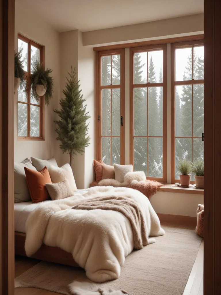Rustic cabin bedroom with cozy window nook featuring wooden bench and plaid cushions