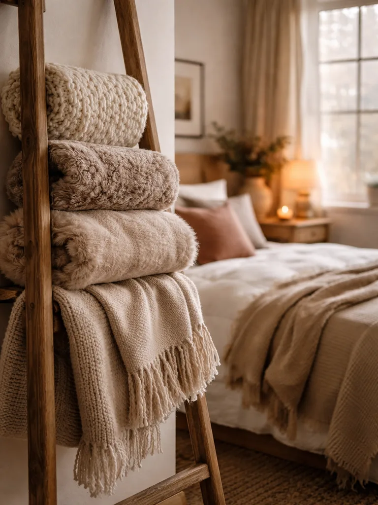 Plush throw blankets and fluffy pillows create a cozy hygge small bedroom with warm textures