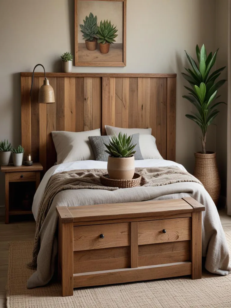 Warm wooden furniture and rustic decor create a cozy winter bedroom retreat with soft lighting and textured bedding.