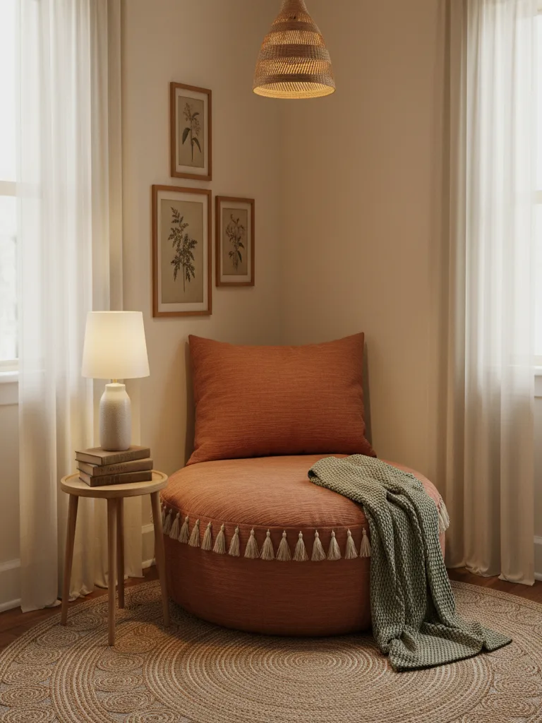Cozy corner reading nook with built-in closet shelves, plush armchair, and reading lamp in bedroom
