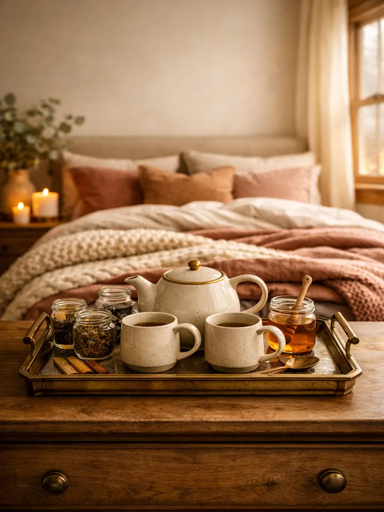 Cozy winter bedroom with a convenient hot drink station featuring a kettle, mugs, and tea supplies on a tray