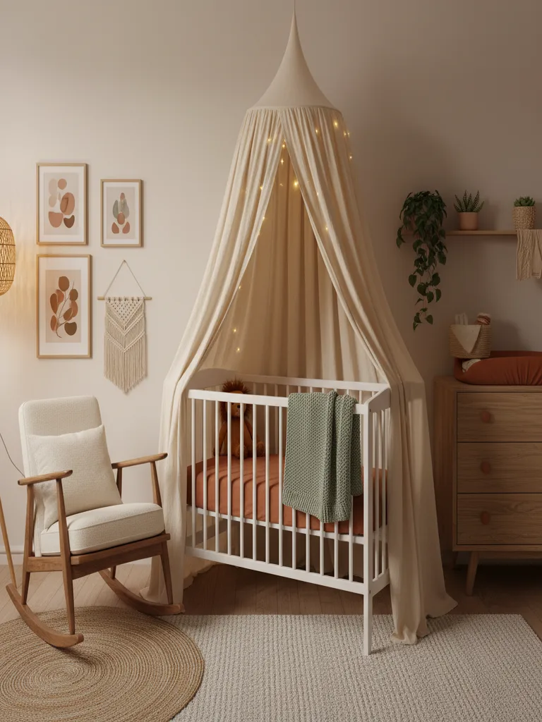 White canopy draped over crib with sheer fabric creating soft enclosure