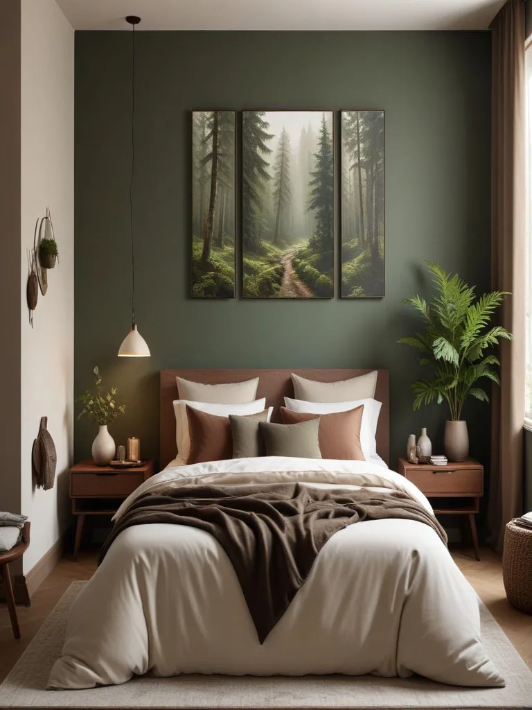 A rustic cabin bedroom featuring earthy tones, wooden furniture, and a cozy bed with layered blankets and pillows.