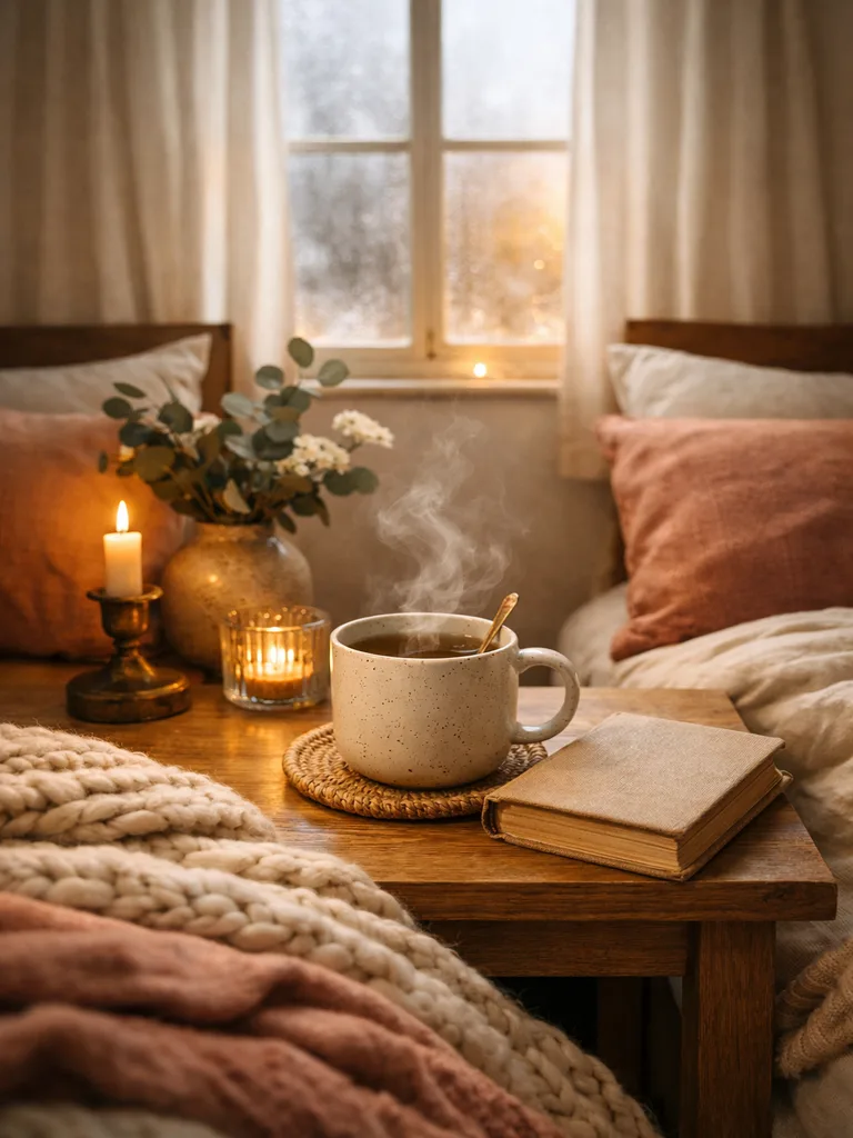 A small bedroom hygge with bedside refreshments and cozy decor