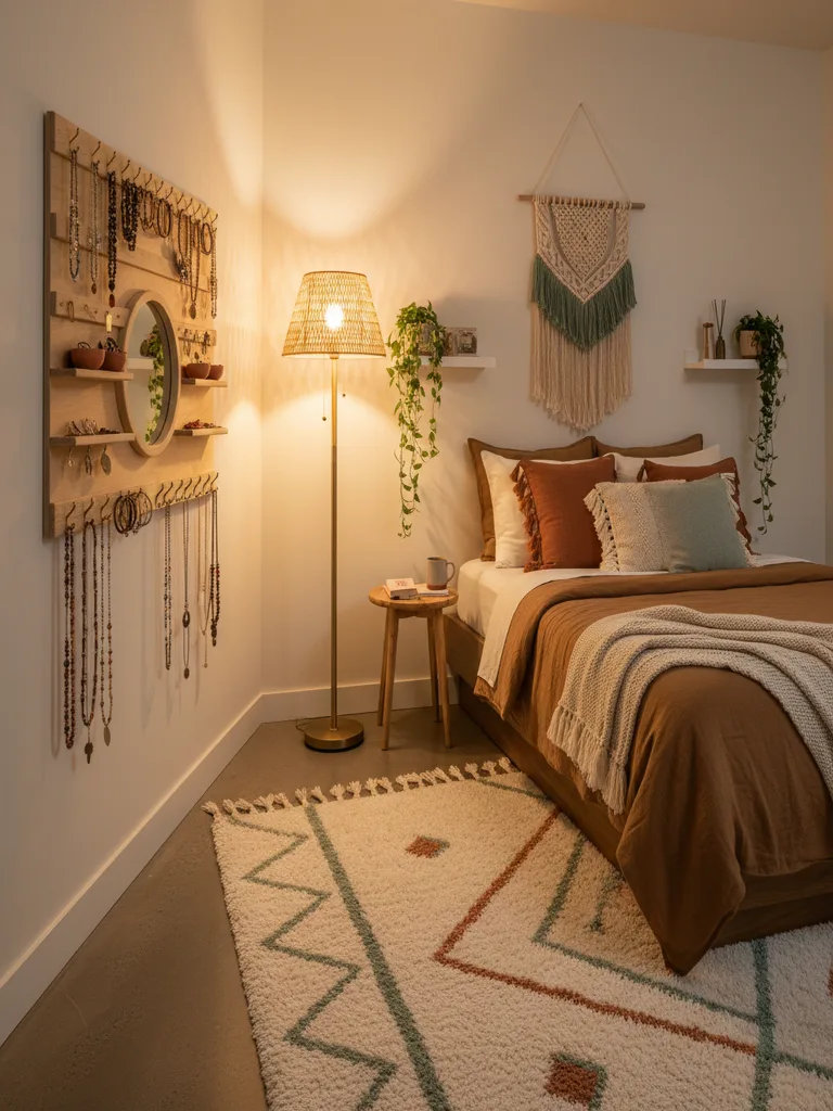 Wall-mounted jewelry organizer with hanging necklaces and earrings in corner closet