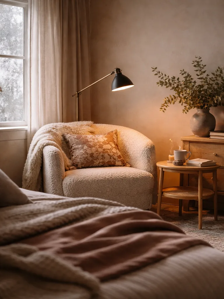 A cozy winter bedroom reading corner with plush armchair, soft blanket, and warm lighting beside a window