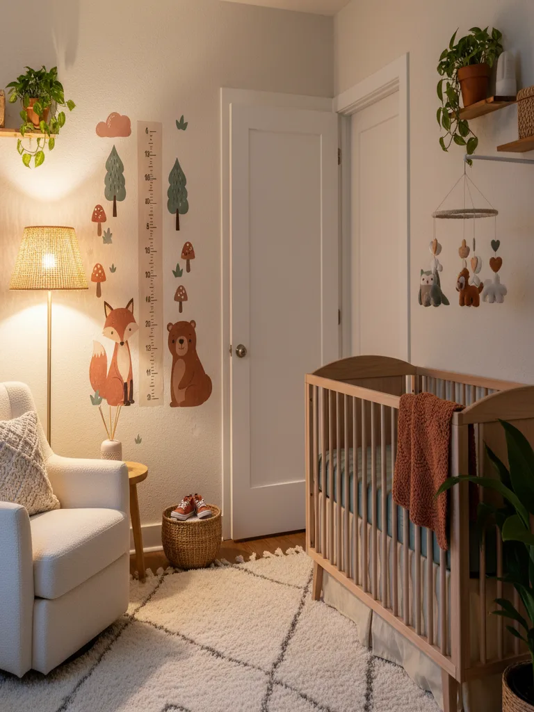 Wooden growth chart decal with forest animals measuring child's height against a neutral wall