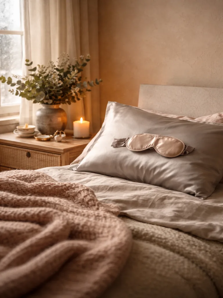 Plush bedding and layered textiles create a cozy hygge bedroom with soft lighting and natural elements
