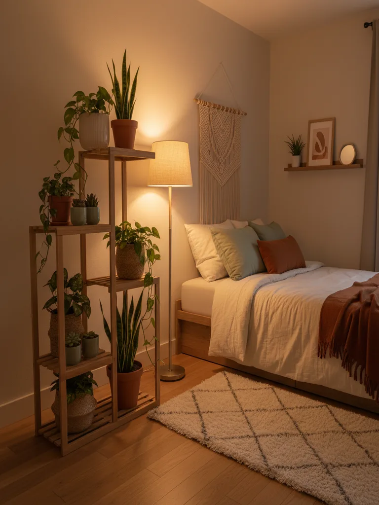 Bedroom corner with built-in closet and plants creating a peaceful sanctuary