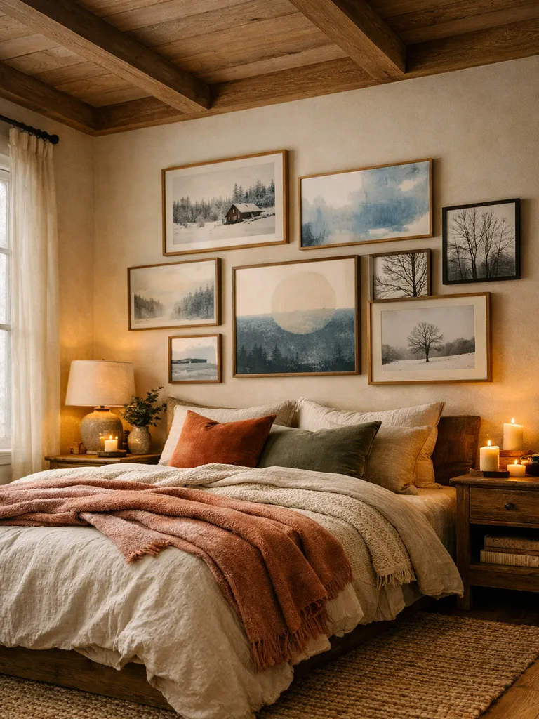 Winter-themed art and photography create a cozy bedroom sanctuary with snowy landscapes and forest scenes