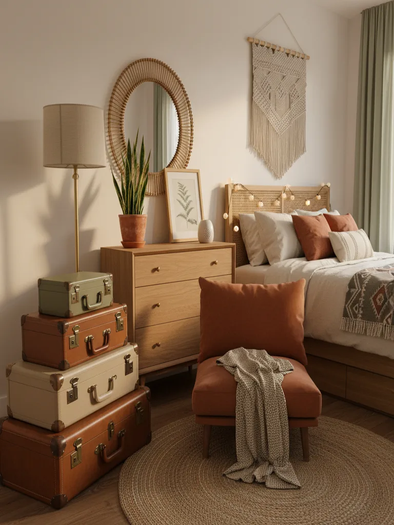 Vintage suitcases stacked in corner creating unique storage solution for small bedroom