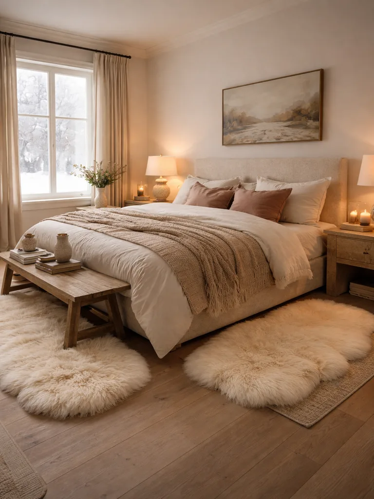 Plush floor coverings in a cozy winter bedroom with warm textures and soft lighting