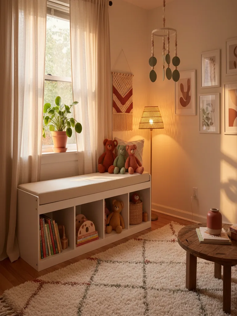 Wooden toy storage bench with built-in shelves and bins in nursery corner