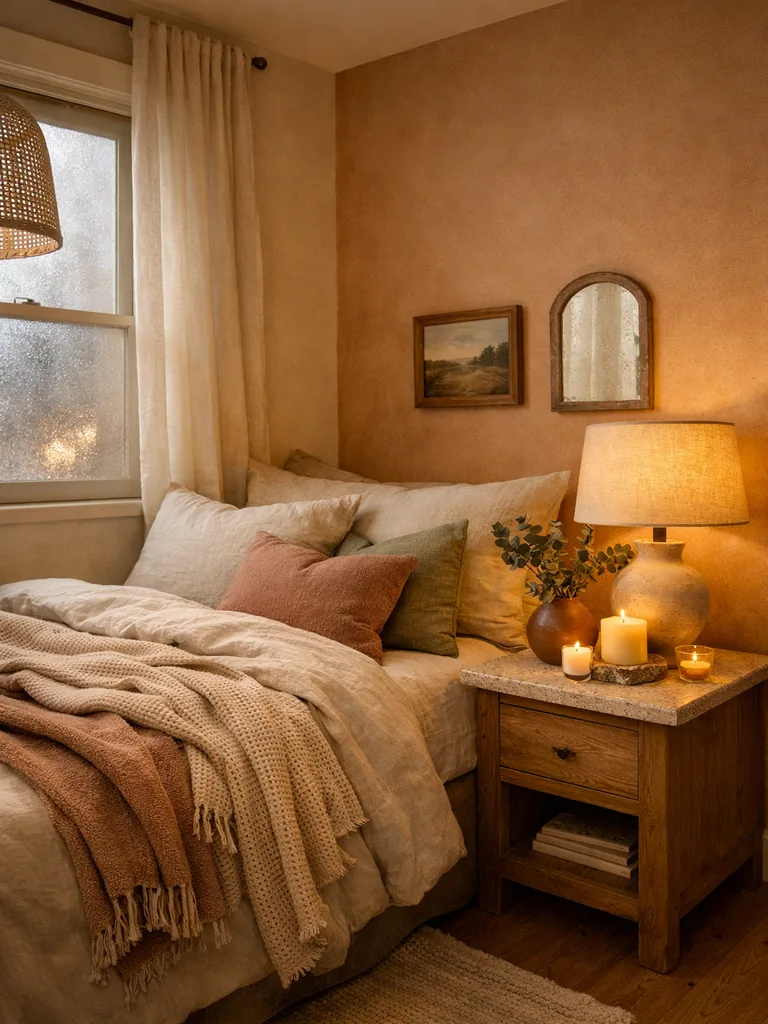 Cozy small bedroom with warm earthy tones, wooden furniture, and soft lighting creating a hygge atmosphere