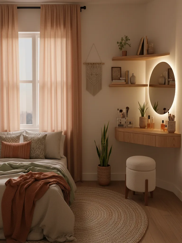 Small corner bedroom with floating vanity and mirror setup