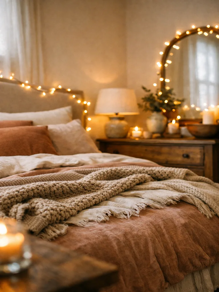 Winter bedroom with string lights creating a cozy and enchanting ambiance