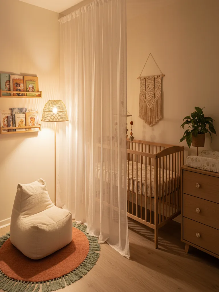 Soft curtain divider creates cozy nursery nook in small apartment