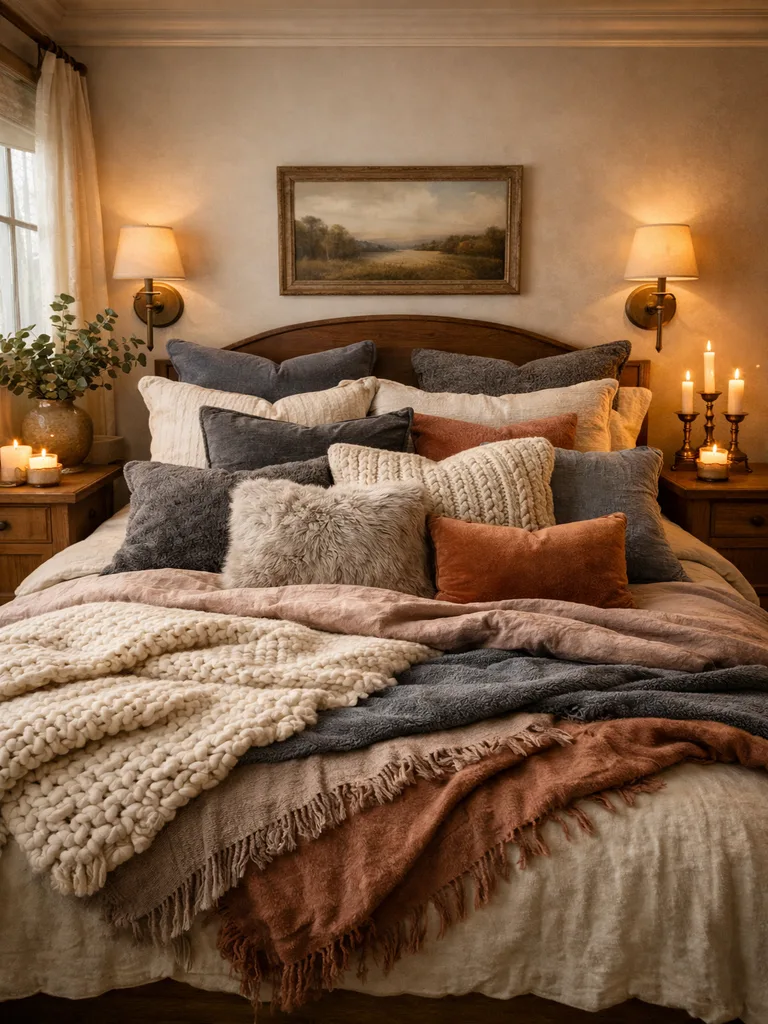 Pile on soft cushions and pillows for a cozy winter bedroom with warm textures and inviting comfort