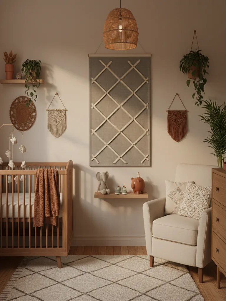 Memory board display with photos and mementos on a nursery wall
