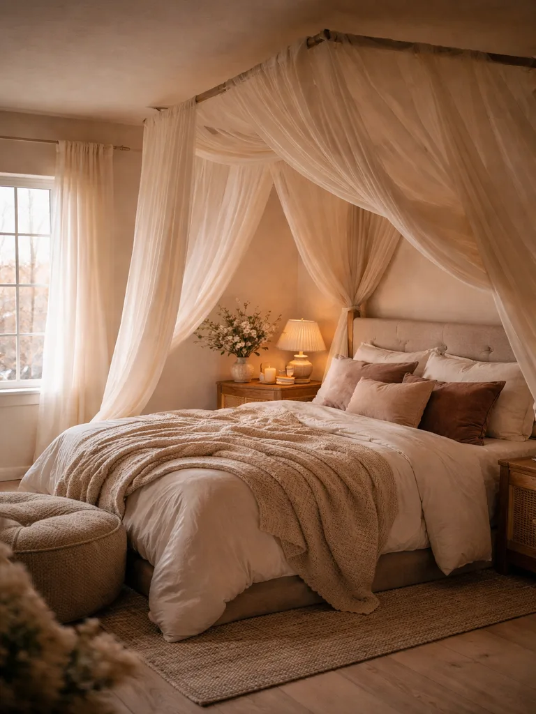 Cozy winter bedroom with billowing, drapey fabrics creates a warm and inviting atmosphere